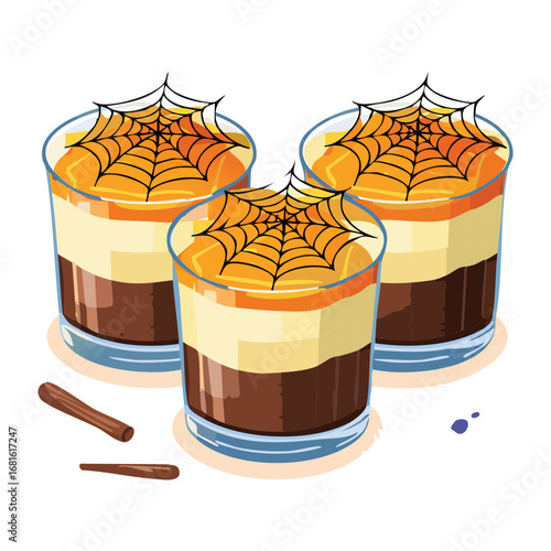 Halloween pumpkin cupcakes with whipped cream and spiders, in a jar - Vector Illustration