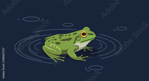 Green frog sits in dark water with ripples