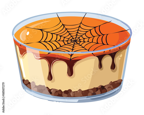 A delicious pumpkin cheesecake with a spiderweb chocolate design, a spooky and sweet Halloween dessert - Vector Illustration