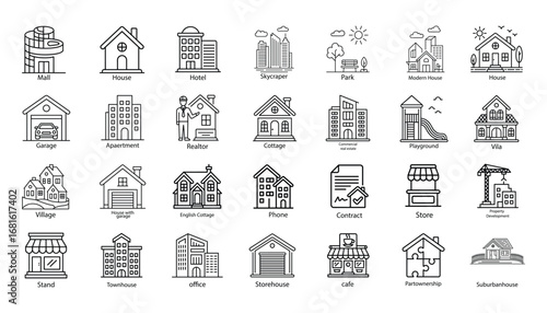 Real Estate Vector Icon Set House, Apartment, Building, Realtor, and Property Development Symbols