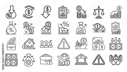 Finance and Banking Icons Vector Set Money, Investment, Loan, Tax, and Economy Symbols