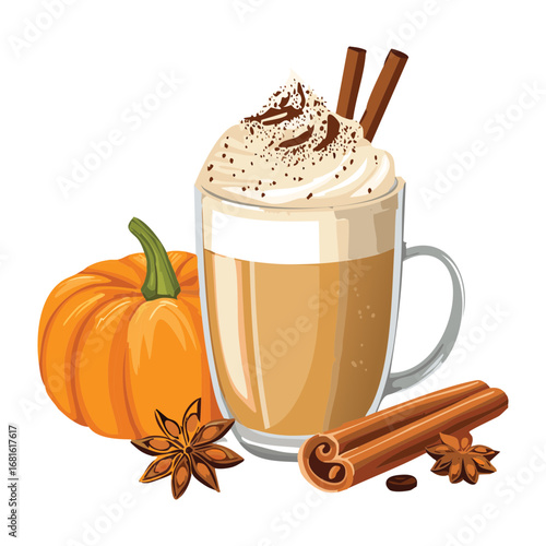 Pumpkin spice latte topped with whipped cream and cinnamon sticks, a warm and cozy autumn beverage - Vector Illustration