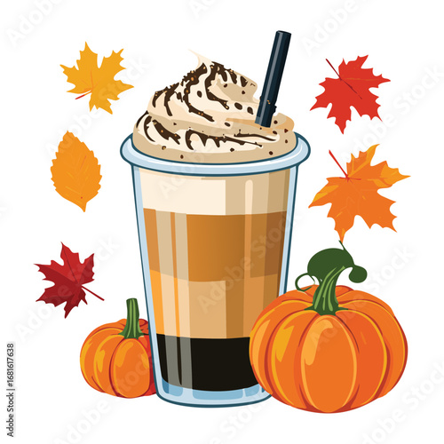 Iced pumpkin spice latte with whipped cream and autumn leaves, a delicious seasonal drink - Vector Illustration