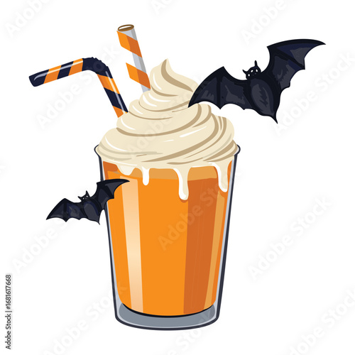 A creamy pumpkin milkshake with whipped cream, chocolate syrup and flying bats, a spooky Halloween treat - Vector Illustration