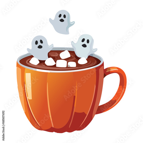 A sweet pumpkin hot chocolate with whipped cream and floating ghost marshmallows, a delightful Halloween drink - Vector Illustration