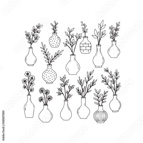 Collection of handdrawn botanical illustrations in vases isolated on white background