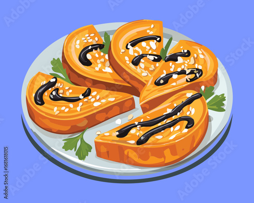 Freshly baked pumpkin pastries with a light glaze and sesame seeds on a black plate - Vector Illustration
