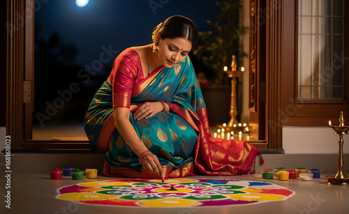 Beautiful women making colorful rangoli during joyful Diwali celebration night