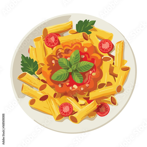 A delicious pasta meal with chunky tomato sauce and fresh basil leaves on a white plate - Vector Illustration