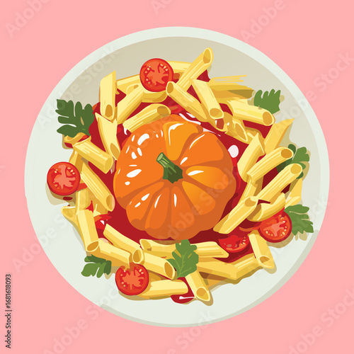 A festive pasta dish with roasted pumpkin pieces and fresh basil leaves on a pink plate - Vector Illustration
