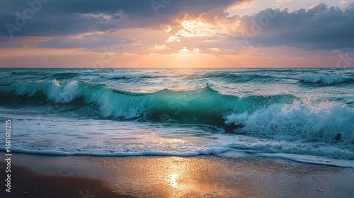 Sunrise over coastal waves at beach