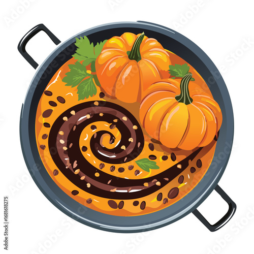 Delicious beef stew with fresh pumpkin and a swirled topping, served in a cast iron pot - Vector Illustration