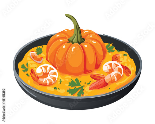 A hot, creamy seafood curry with plump shrimp and sliced pumpkin in a black bowl - Vector Illustration