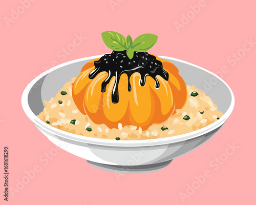 A delicious, savory pumpkin risotto topped with a single basil leaf in a minimalist bowl - Vector Illustration