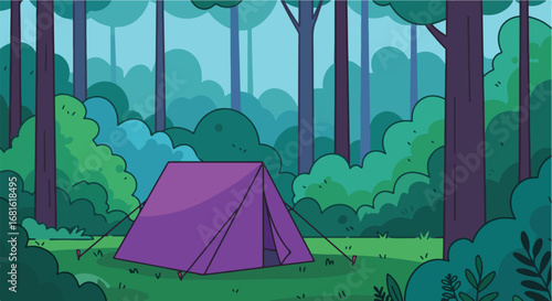 Purple tent set up in green forest