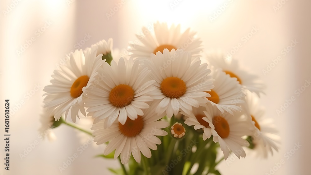 Obraz premium A fresh daisy bouquet basks in sunlight, with delicate blooms against a soft focus background.