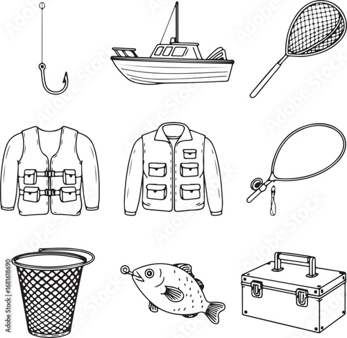 Fishing equipment and outdoor activity line icon set with boat fishing net and life jacket