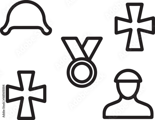 Military Memorial Outline Icons Pack Helmet, Medal of Honor, Cross, Fallen Warrior, and Victory Laurel Vector Collection