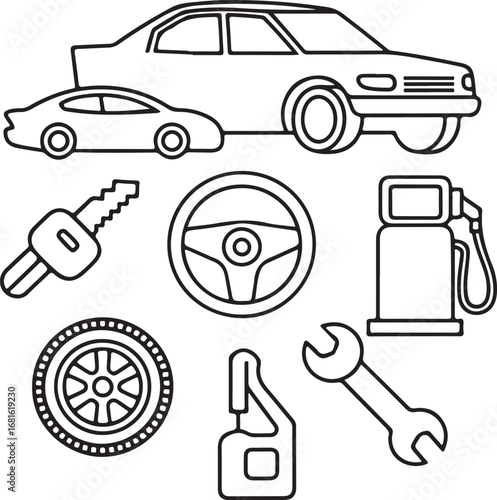 Auto repair and fuel station line icon set with car key steering wheel and gasoline pump symbols