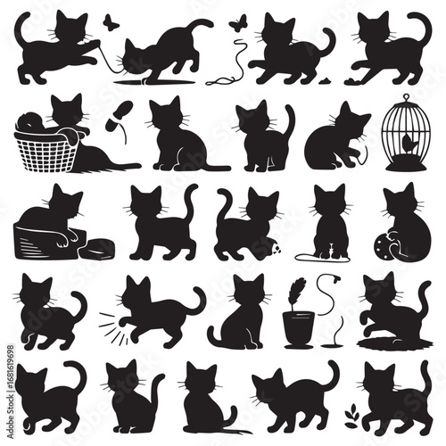 Collection of playful black cat silhouettes in various adorable poses on a white background perfect for design elements
