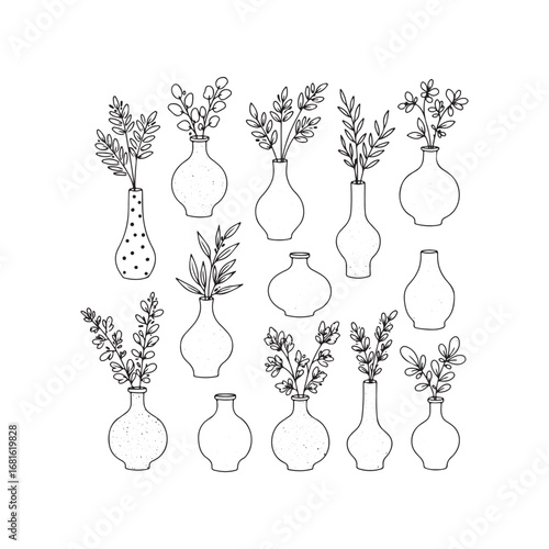 Collection of handdrawn vases with plants, isolated on white background