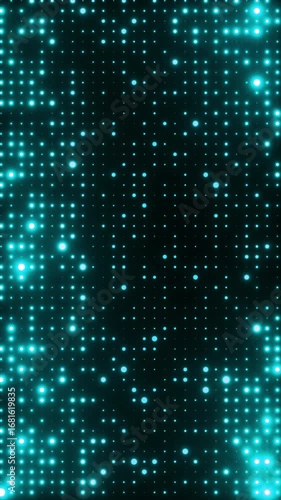 Teal glowing blinking lights. Grid pattern with random size dots. Shimmering particles abstract background for festive design, New Year. 4K loop vertical animation.