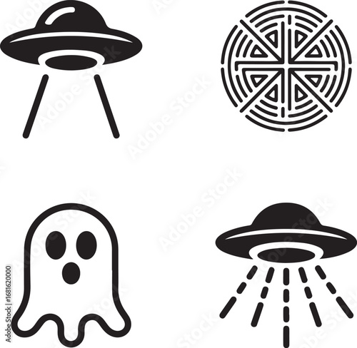 Outline Icon Set of Unexplained Phenomena UFO Silhouette, Crop Circle, Ghost Apparition, and Mysterious Lights
