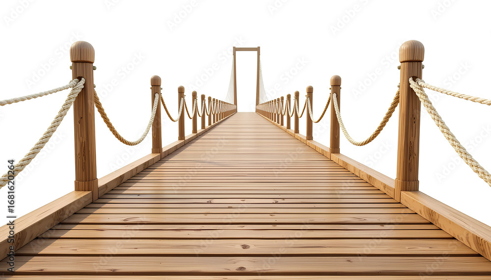Fototapeta premium Long Wooden Suspension Bridge with Light Brown Planks Stretching into Distance isolated on white background