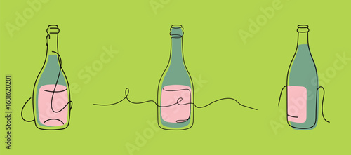 A continuous line art illustration of three wine or champagne bottles, featuring a minimalist style with a pink label, ideal for celebration, luxury, and beverage concepts.