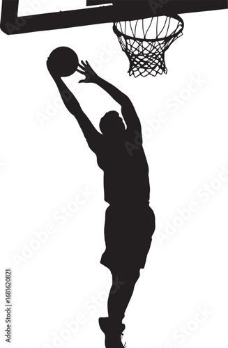Black silhouette of a basketball player dunking a ball into a hoop vector