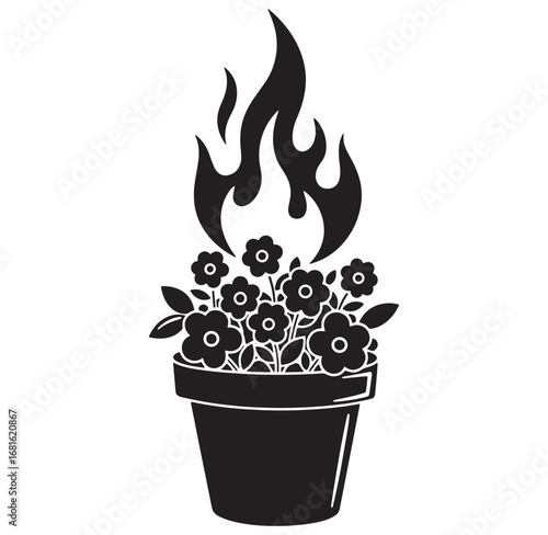 Black and white illustration of a flower pot with flowers and flames symbolizing growth and passion