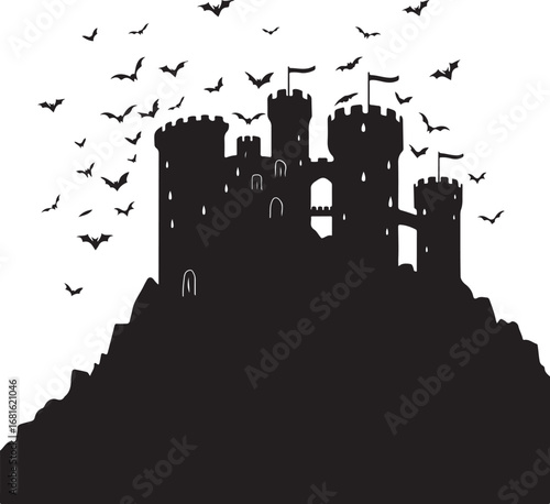 Black silhouette of a castle on a hill with bats flying around it night