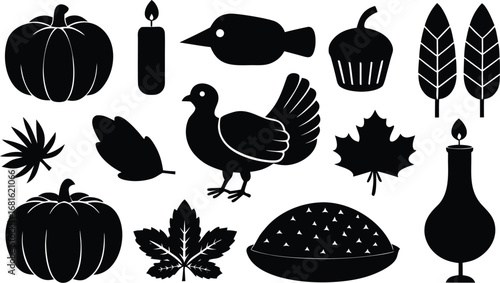 Vector art of thanksgiving holiday icons collection with pumpkins, turkey, leaves, pie, and candles