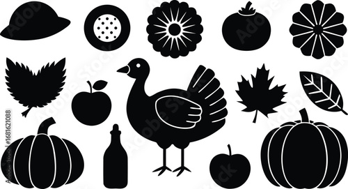 Vector art of autumn harvest icons set featuring pumpkins, turkey, apple, hat, and leaves