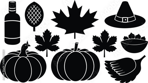Vector art of assortment of black silhouette icons featuring pumpkins, leaves, a bottle, a hat, and a bird