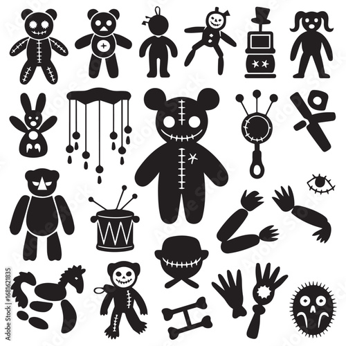 Collection of spooky and creepy black silhouette icons of halloween toys and characters for a scary theme