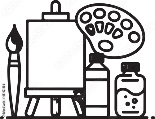 Professional artist tools line icon set with large easel paint palette and oil tubes for fine art concepts