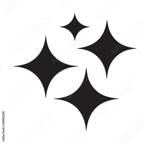 Minimalist sparkle and shine icons, a simple black and white vector graphic representing magic, cleanliness, and brilliance