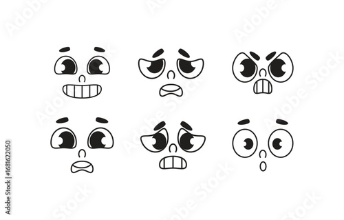 A collection of vector cartoon faces expressing six basic emotions: happiness, sadness, anger, surprise, fear, and disgust. Ideal for illustrating emotional states in a fun and clear way