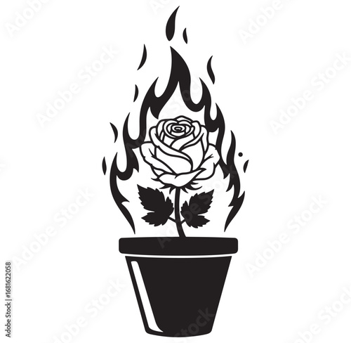 Black and white illustration of a rose in a pot surrounded by flames in graphic design