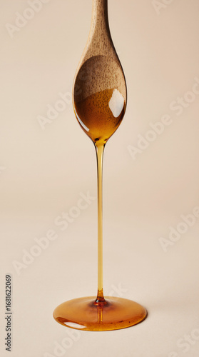 Wooden spoon drizzling honey on a cream background sweet golden minimal food drip concept
