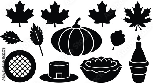 Vector art of collection of black silhouette icons representing thanksgiving and autumn elements