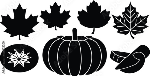 Vector art of group of black silhouette autumn icons featuring maple leaves, a pumpkin, a starburst, and nuts