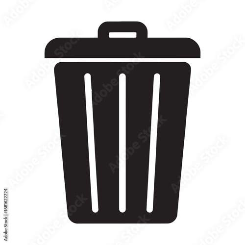 Simple black trash can vector icon with a lid. This flat silhouette glyph is a symbol for waste, garbage, junk disposal, and deletion, isolated for design