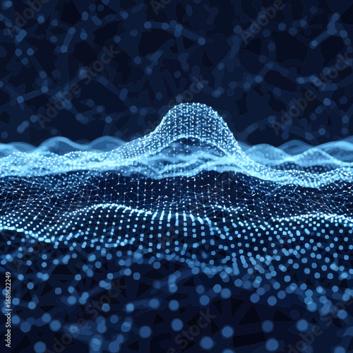 Abstract glowing blue digital landscape with interconnected nodes and flowing wave patterns against a dark background