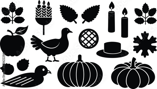 Vector art of assortment of thanksgiving and autumn elements including turkey, apple, pumpkins, candles, and leaves