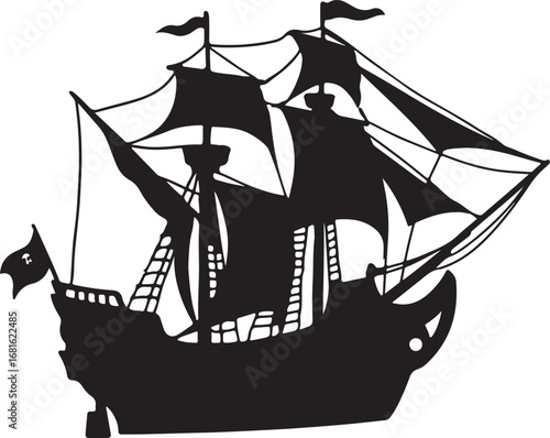 Black silhouette of a sailing ship with multiple masts and sails black and white maritime