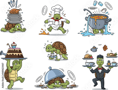 PrintFunny cartoon turtle chef and waiter struggling with kitchen tasks, carrying dishes, cooking mishaps, food service, restaurant humor illustration.