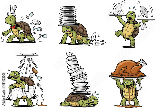PrintFunny cartoon turtle waiter struggling with dishes, breaking plates, serving food, kitchen chaos, restaurant mishaps, humorous food service illustration.