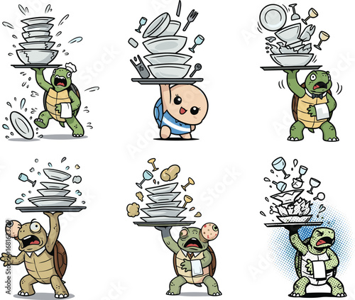PrintFunny turtle waiter struggling to carry huge stacks of plates, breaking dishes, cartoon restaurant chaos, waiter failure, humorous kitchen disaster, food service problems illustration.